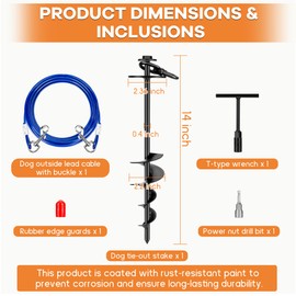 Dog Tie Out Stake, Heavy Duty 360°Swivel Dog Outside Lead Cable, Screw in Spike Auger Ground Stake Anchors with Power Nut Drill Bit, T Wrench and Leash, for Yard Camping Beach
