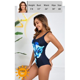 Itzel Women's V Neck One Piece Swimsuit Adjustable Straps Tummy Control Swimming Modest Bathing Suits Blue Light Blue Floral 12