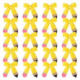 20PCS Back to School Hair Bows for Girls Pencil Cheer Hair Bow with Ponytail Holder Elastic Band Handmade for Kindergarten Women Teacher Hair Accessories Outfits（Pencil Yellow）