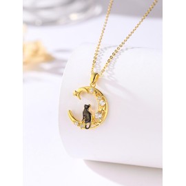 KINGWHYTE Black Cat Necklace 925 Sterling Silver Gold Moon Kitten Pendant Cubic Zirconia Moon Star Jewellery Gifts for Women Girls Cat Lovers