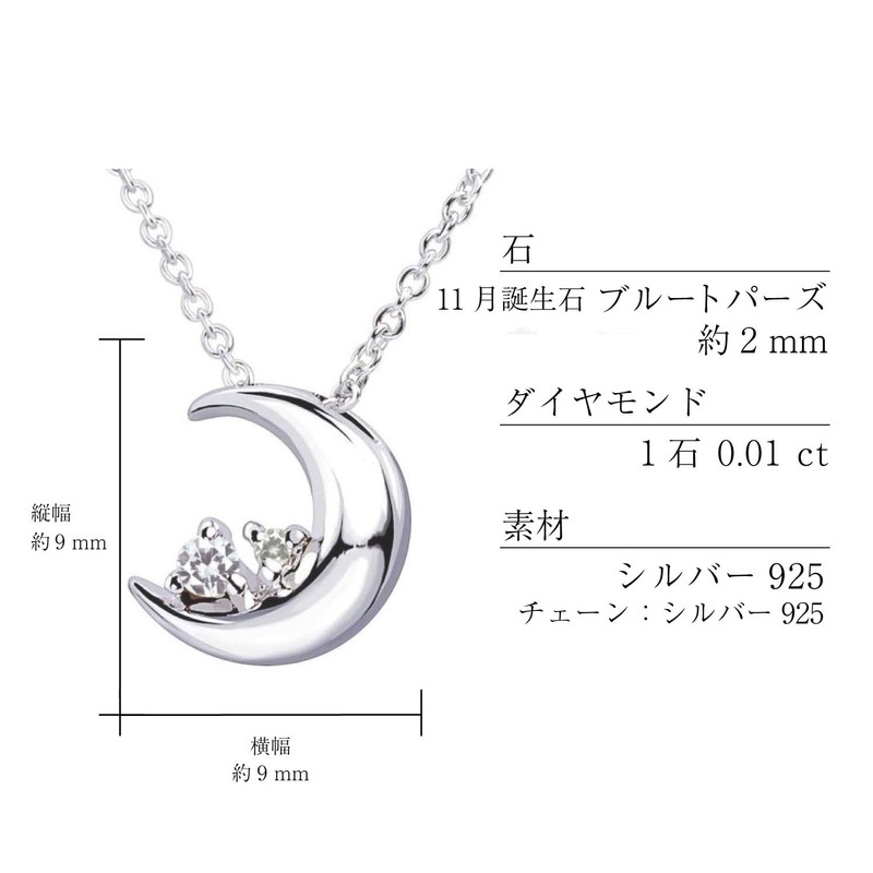 Sears e1625 Silver Necklace, Natural Diamond, 12 Birthstones, Crescent Moon,
