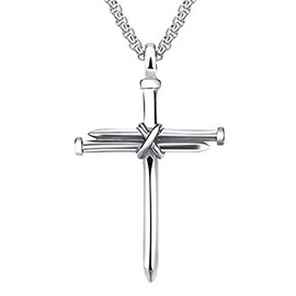 Goldenchen Fashion Jewelry Titanium Steel Nail Cross Charm Pendant Necklace for Mens (Silver)