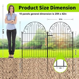 PARAISODOS Decorative Garden Fence 10 Panels, No Dig Rustproof Metal Fencing 25ft Long Animal Barrier Border for Dog, Garden Fencing for Outdoor Patio Lawn Yard Flower Bed(42 Inch High with Gate)
