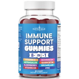 NEW AGE NEW AGE 8 in 1 Immune Support Booster Supplement with Elderberry, Vitamin C and Zinc 50mg, Vitamin D 5000 IU, Quercetin & Bromelain (8 in 1 Gummies (Pack of 1))