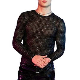 WDIRARA Men's Rhinestone Trim Mesh Sheer Long Sleeve Round Neck Party Blouse Shirts Black S