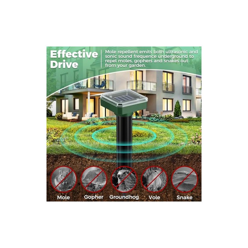 Mole Repellent Solar Powered 10 Pack, Ultrasonic Gopher Deterrent Stakes
