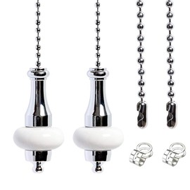 LY 2 Pcs Light Pull Chain Switch Pull Cord Weight Handle Metal Chrome Plated with White Ceramic Connectors, Ceiling Fan Pull Chain Bathroom Toliet Light Pulls Cord 1 Meter