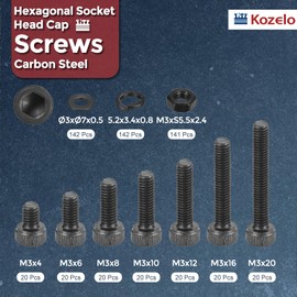 Kozelo 565pcs M3 Socket Head Cap Screw Bolt Nut Assortment Kit - [M3x4/6/8/10/12/16/20mm] Alloy Steel Full Threaded Black Oxide 12.9 Internal Hex Screws for 3D Printer