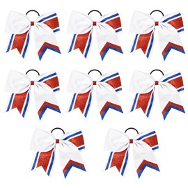 8PCS Glitter Cheer Bow 8" Large Cheerleading Bows Bulk Hair Bows Girls White Red Cheer Bows Elastic Band Ponytail Holder for Cheerleaders Teen Girls College Sports Competition