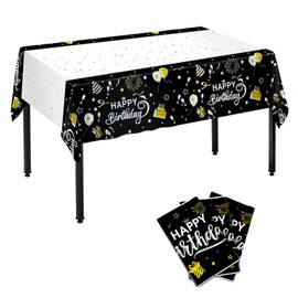 Pack of 3 Birthday Tablecloth, 274 x 137 cm, Black and White Party Tablecloth, Waterproof and Oil Resistant for Holiday Parties, Outdoor Picnics