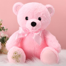 Syhood 12 Inch Baptism Gift Plush Bear Cute Soft Stuffed Animal Bear with Bow and Embroidered Catholic Prayer Christening Gifts for Boy Girl Baptisms Baby Showers Birthday Party Keepsake Favor(Pink)