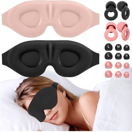 Kit 2pzs Antifaz para Dormir y 2 Pares Tapones Auditivos para Oidos,Sleep Mask 3D,360° De Oscurecimiento, Reducción de Ruido Profunda, Espuma Viscoelástica de Alta Densidad,para Oficina,Viajes (Negro+Rosa)