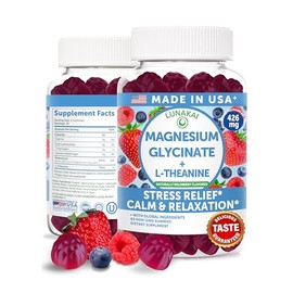 Lunakai Gomitas de glicinato de magnesio de 426 mg con L-teanina, fabricadas en EE. UU.: calma, sueño y alivio del estrés para adultos y niños. Sin OM
