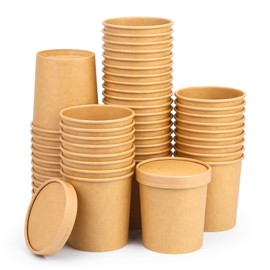 Giwrmu 16 Oz 50 Pack Paper Soup Cups with Lids, Compostable Soup Containers, Disposable Paper Containers with Lids for Microwave, Refrigerator, On-the-Go, Desserts, Ice Cream with PLA Lined