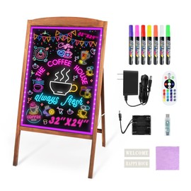 Hosim LED Message Writing Board 32"x24", Standing A-Frame Wooden Message Board Illuminated Erasable Neon Effect Restaurant Menu Sign, 8 colors Markers, Flashing DIY Message Chalkboard for Shop/Cafe