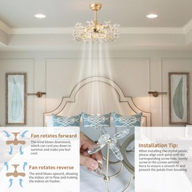 YINRUISCREW 23" Gold Crystal Fandelier Ceiling Fans with Lights, Gold Flower Chandelier Ceiling Fan with Light Remote Control, Caged Mid Century with 6 Speeds for Bedroom, Nursery, Living Room