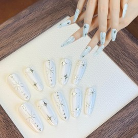 Duotaoii Long Press On Nails Squoval Fake Nails Handmade False Nails White Star Rhinestones Hand-Painted Nail Charms With Designs,Acrylic Nail Kit Gel Nails,Reusable Stick on Nails for Women 10pcs M