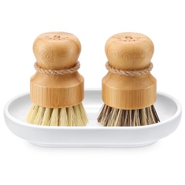 SUBEKYU Bamboo Dish Scrub Brushes, Bubble Up Bamboo Dish Brush Set with Brush Tray, Kitchen Wooden Cleaning Scrubbers Set for Washing Cast Iron Pan/Po