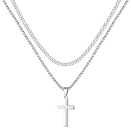 LUXEJEW Cross Necklace for Men - Mens Necklace Silver Cross Chain for Men Stainless Steel Silver Chain Pendant Necklaces Mens Chains Christian Gifts for Him Her Baptism Catholic