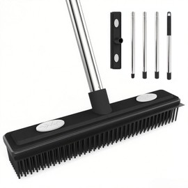 Timnbo Rubber Broom with Squeegee for Pet Hair Removal Long Handle Carpet Rake for Carpet, Hardwood Floor, Tile