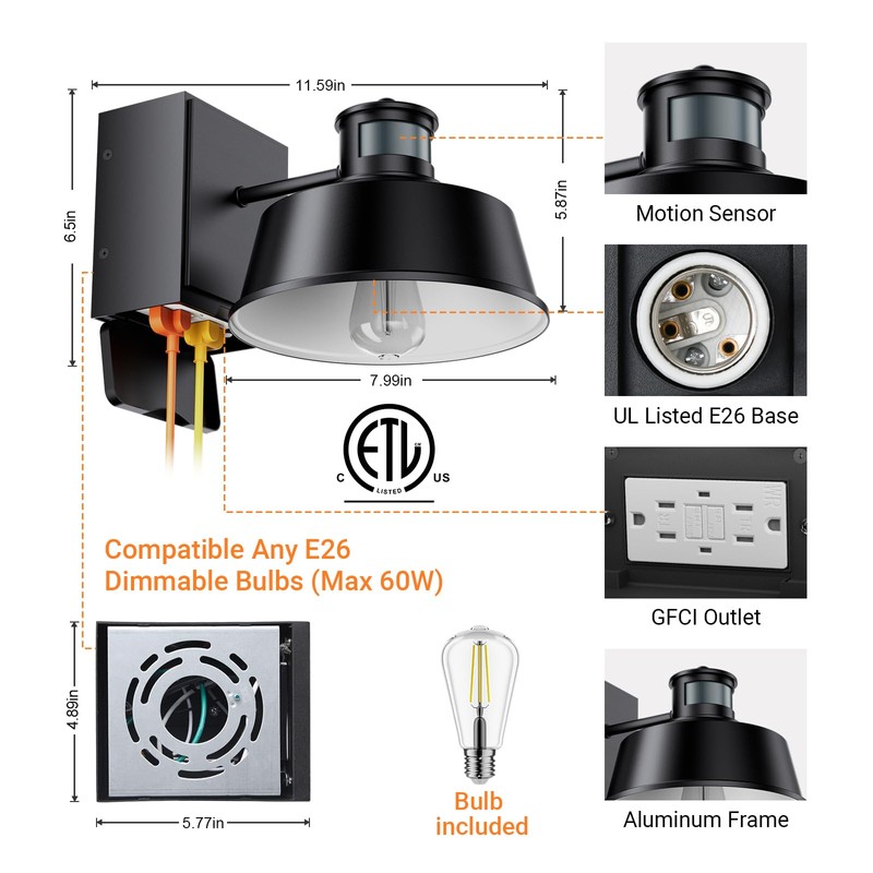 Ehaho Porch Lights with Outlet, Dusk to Dawn Motion Sensor