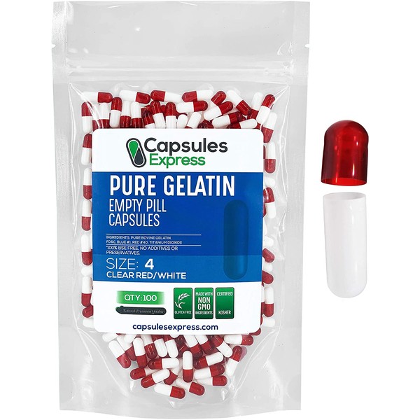 Capsules Express- Size 4 Clear Red and White Empty Gelatin Capsules - Kosher - Pure Gelatin Pill Capsule - DIY Powder Filling (100)