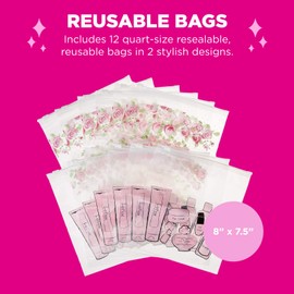 Miamica Floral Resealable Bags and Packing Organizers, Set of 12, 7.5” x 8” x 0.1”, Pink