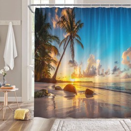 JIRGIXA Ocean Beach Shower Curtain Blue Yellow Tropical Sea Beach Sunset Palm Tree Nature Scenery Landscape Fabric Bathroom Decor Curtain with Hooks,70Wx70H Inches