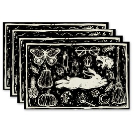 Easter Placemats Set of 4, Black Easter Bunny Frog Placemats, Easter Table Mats Place Mats for Kitchen Dining Table, Easter Decoration 16.9x11.4 Inch