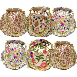 Pack of 5 Indian Ethnic Designer Embroidered Silk Potli Bag Batwa Pearls Handle Purse Clutch Purse for Women