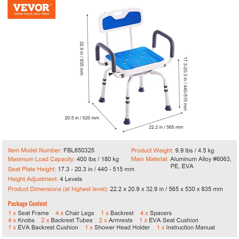 VEVOR Swivel Shower Chair 360 Degree, Adjustable Shower Seat with