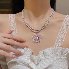Colorful Beaded Necklace for Women Layered Beaded Choker Necklace Flower Pendant Necklace Cute Flower Necklace Jewelry Gift for Girls