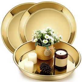 Thenshop 3 Pcs 15 Inch Gold Round Serving Tray Stainless Steel Circle Decorative Vanity Gold Plate Metal Jewelry Makeup Organizer Dishes for Gift Wedding Coffee Table Bathroom Dessert Christmas