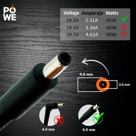 PO WE - Cargador Adaptador de CA 45W Compatible con DELL Inspiron 15 5000 5551 5555 5558 7558 7595 13 7378 7352 7348 11-3000 Series Incluye Cable de alimentación