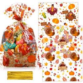 Cholemy 30 Pcs Thanksgiving Large Cellophane Gift Basket Bags 19.7" x 27.6" Jumbo Fall Plastic Wrap Bags Turkey Leaf Pumpkin Goody Bags with Twist Ties for Thanksgiving Day Present Crafts Party Favors