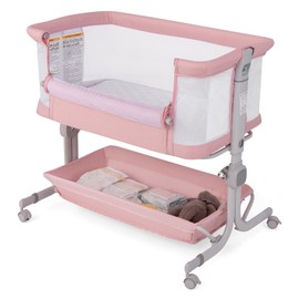 HONEY JOY Baby Bassinet Bedside Sleeper, Easy Folding Portable Crib for Baby with Wheels, 6 Adjustable Heights, Storage, Mattress & Carry Bag, Bed Side Bassinet for Infant Newborn (Pink)