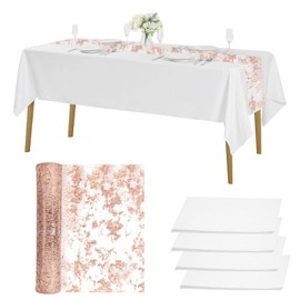 Pack of 4 Disposable Tablecloths, White, 137 x 274 cm with Table Runner, Rose Gold, 28 cm x 10 m, Waterproof Birthday Tablecloths, Plastic Tablecloths, Rectangular, for Wedding, Party, Christmas