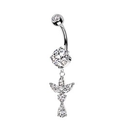 Pierced Owl 14GA 316L Stainless Steel CZ Crystal Triple Marquise Leaf Dangling Belly Button Ring (Silver Tone)