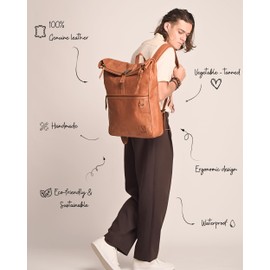 Volksy Bags Genuine Leather Backpack for Men, Large Roll Top Backpack, Laptop Bookbag, Roll On Vintage Rucksack for College, Work & Travel, Brown, X-Large - 17.3 Inch