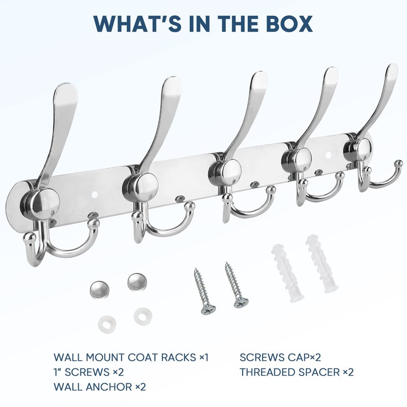 TICONN Wall Mounted Coat Rack, Five Heavy Duty Tri Hooks