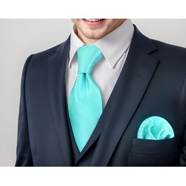 SHLAX&WING Aqua Indigo Silk Necktie Pocket Square Set Solid Color 147cm x 8cm, 8cm x 147cm Necktie + Pocket Square