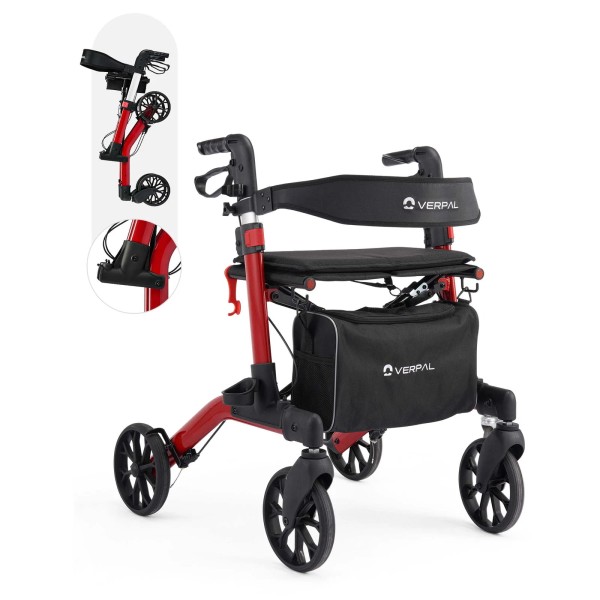 VERPAL Folding Rollator Walker Aluminum Rolling Walker 350LBS Capacity 8''