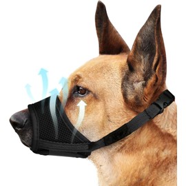 Dog Mask, Soft Nylon German Shepherd Mask for Medium and Large Dogs,Air Mesh Breathable Drinkable Adjustable Ring Anti-Drop Pet Mask for Nipping Barking Chewing Allows Drinking and Panting Black, L