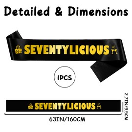 70th Birthday Decorations for Women Men - Seventy Years Old Sash Black Gold, Seventylicious Satin Sash Gift Accessories for Party Supplies