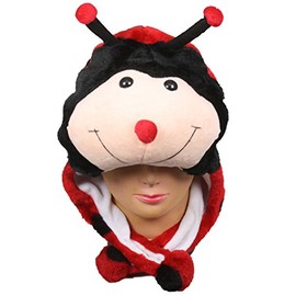 Choose from Over 25 Animals! - Plush Faux Fur Animal Critter Hat Cap - Soft Warm Winter Headwear - Short with Ear Poms and Flaps & Long with Scarf and Mittens Available (Short Ladybug)