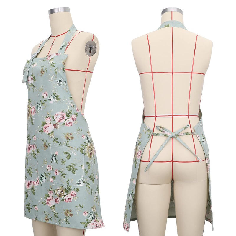 SUSSURRO 2 Pack Floral Aprons with 2 Pockets, Cotton Canvas