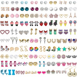 NEWITIN 80 Pairs Colorful Cute Earrings for Girls Sensitive Ears Hypoallergenic Girl Stud Earrings Set Stainless Steel Cartoon Stud for Girls and Women