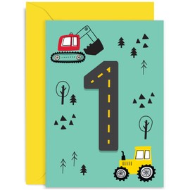 Old English Co. Colourful First Birthday Card for Boys and Girls - Fun Construction Vehicle Happy 1st Birthday Card for Toddler Baby - Age 1 - Digger Tractor Birthday Card for Him or Her