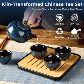 DUJUST Chinese Gongfu Tea Set, Kiln Altered Glaze Porcelain Tea Set with 1 Teapot, 4 Tea Cups & 1 Tea Tray, Portable Japanese Tea Sets with Storage Bag for Travel, Gifting, Outdoor, Dark Blue