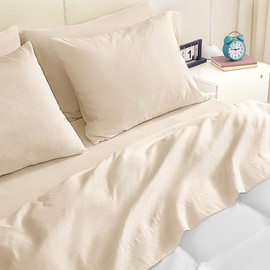 SLEEP ZONE Soft Sheets for Queen Size Bed, 4 Pieces Hotel Luxury Sheet Set, Easy Care Polyester Microfiber Cooling Sheet & Pillowcase Sets (Beige-Four Leaf Clove, Queen)